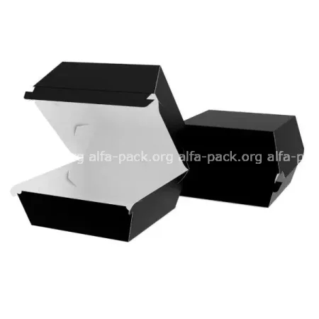 Картонна упаковка для бургера чорно-біла 120*120*93 клеєна (артикул: 010420019) купити в розділі «Картонна упаковка для бургерів та картоплі фрі».